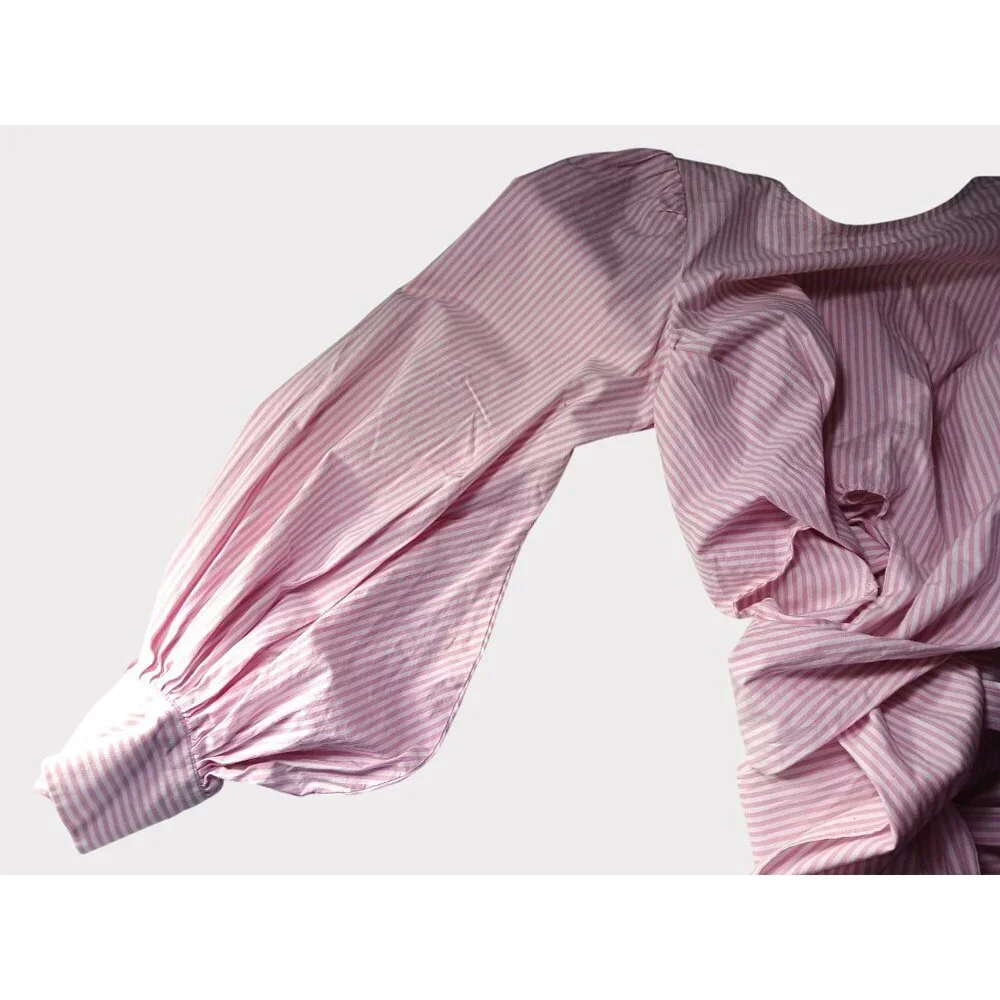 WAYF Dayna Tie Back Poplin Top Blouse Size S Striped Pink Wrap Long Sleeve Puff - Picture 6 of 11